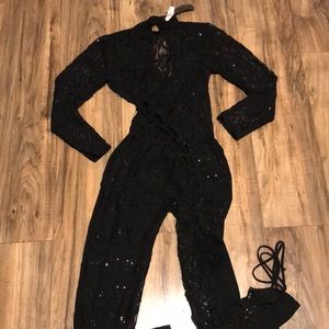 Posh black lace sequins cut out lace up jumpsuit